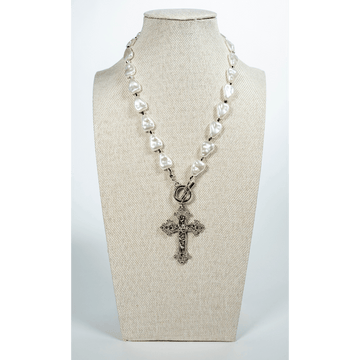 Baroque Inspired Pearl And Cross Necklace in Silver - La Jolla