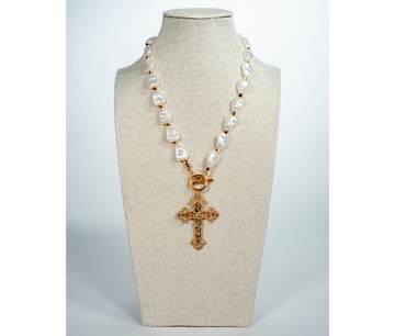 Golden Baroque Inspired Pearl And Cross Necklace - La Jolla