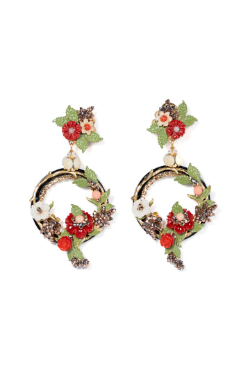 Botanical Flower Hoop Earrings With Rhinestone Details - La Jolla