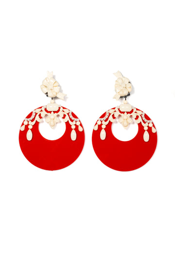 Red Resin Hoop Earrings With Ivory Details - La Jolla
