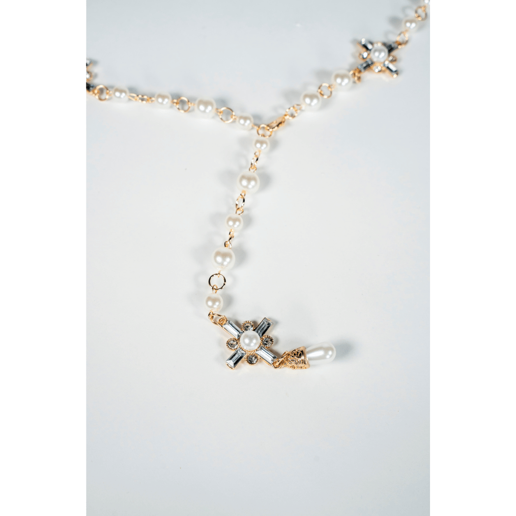 Golden Crystal & Pearl Cross Pendant Necklace - La Jolla