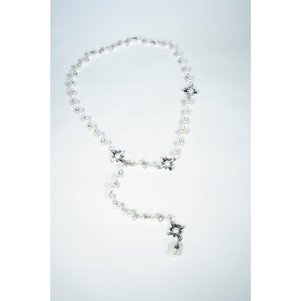 Crystal & Pearl Cross Pendant Necklace in Silver - La Jolla