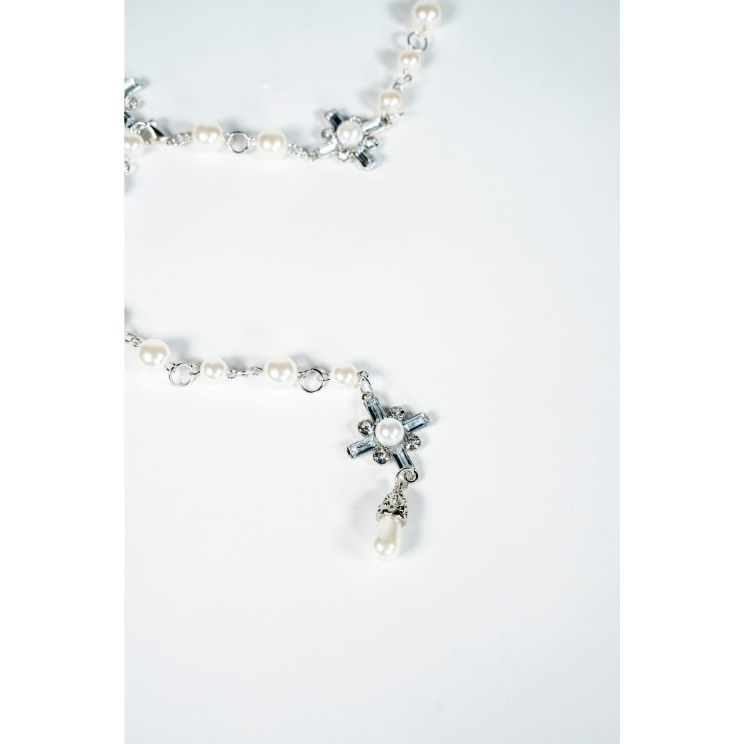 Crystal & Pearl Cross Pendant Necklace in Silver - La Jolla