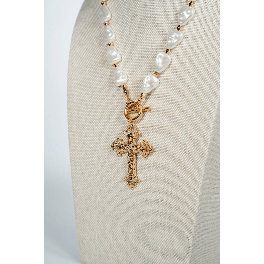 Golden Baroque Inspired Pearl And Cross Necklace - La Jolla