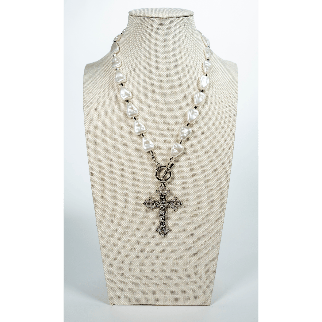 Baroque Inspired Pearl And Cross Necklace in Silver - La Jolla
