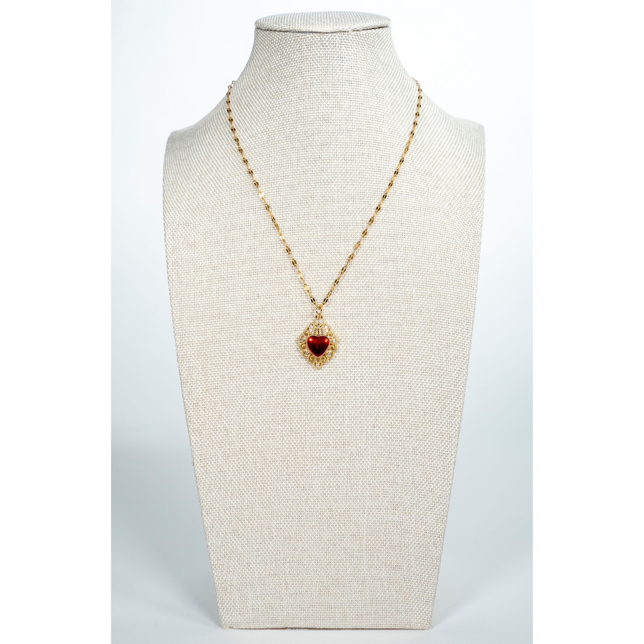 Heart And Rhinestone Pendant Red Gem Necklace - La Jolla