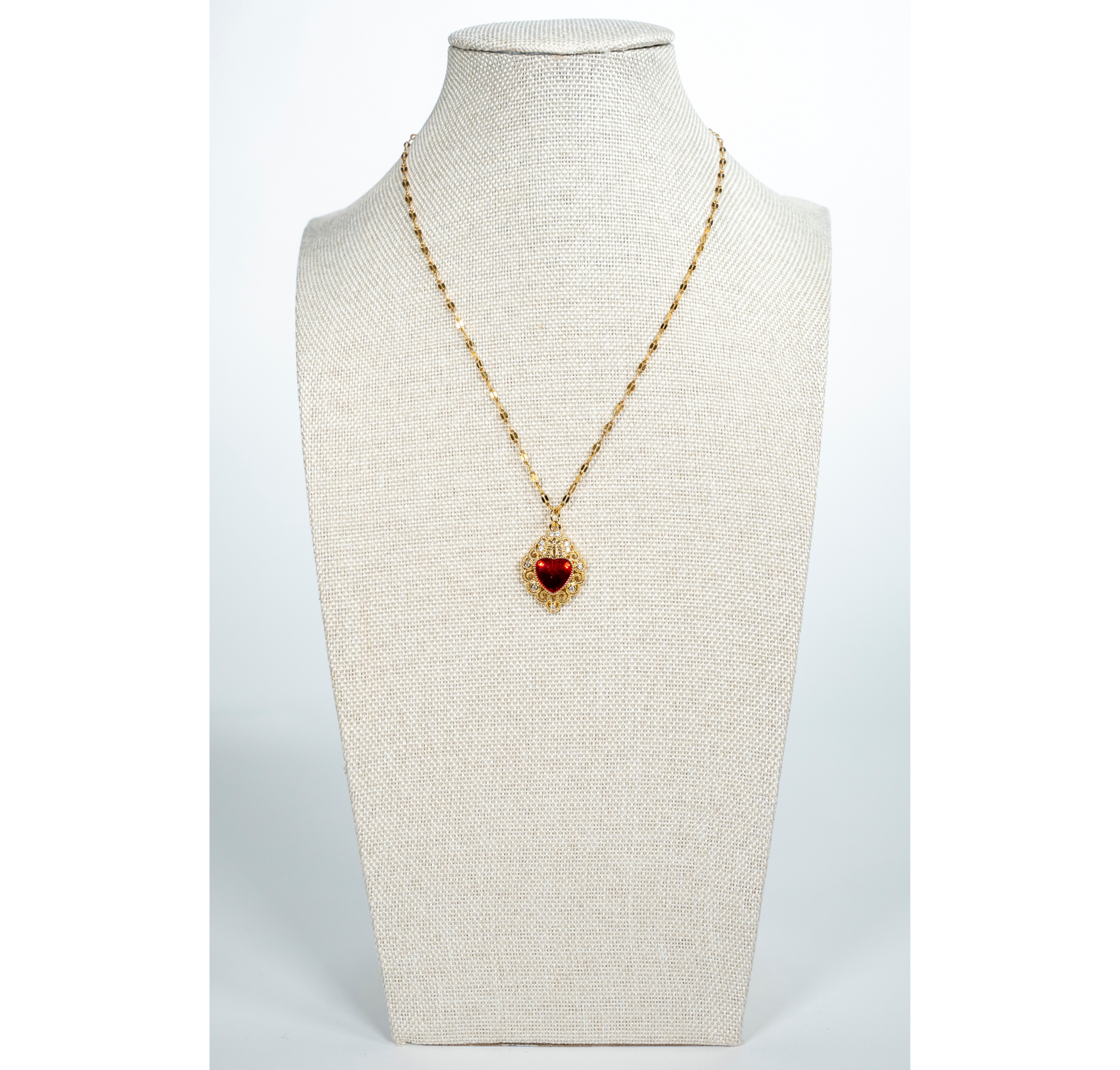 Heart And Rhinestone Pendant Red Gem Necklace - La Jolla
