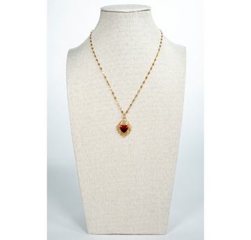 Heart And Rhinestone Pendant Red Gem Necklace - La Jolla