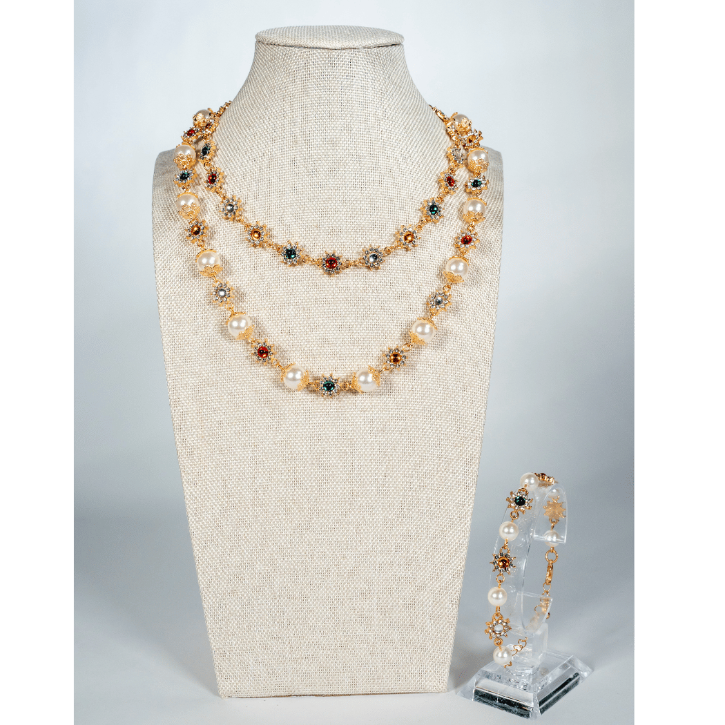 Pearl And Multicolour Gem Bracelet in Golden Tone - La Jolla