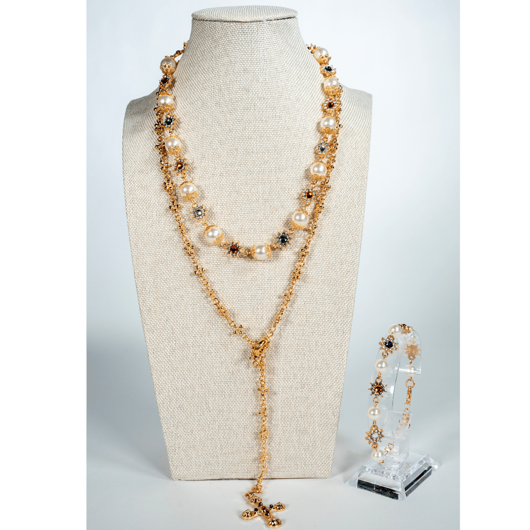 Pearl And Multicolour Gem Bracelet in Golden Tone - La Jolla