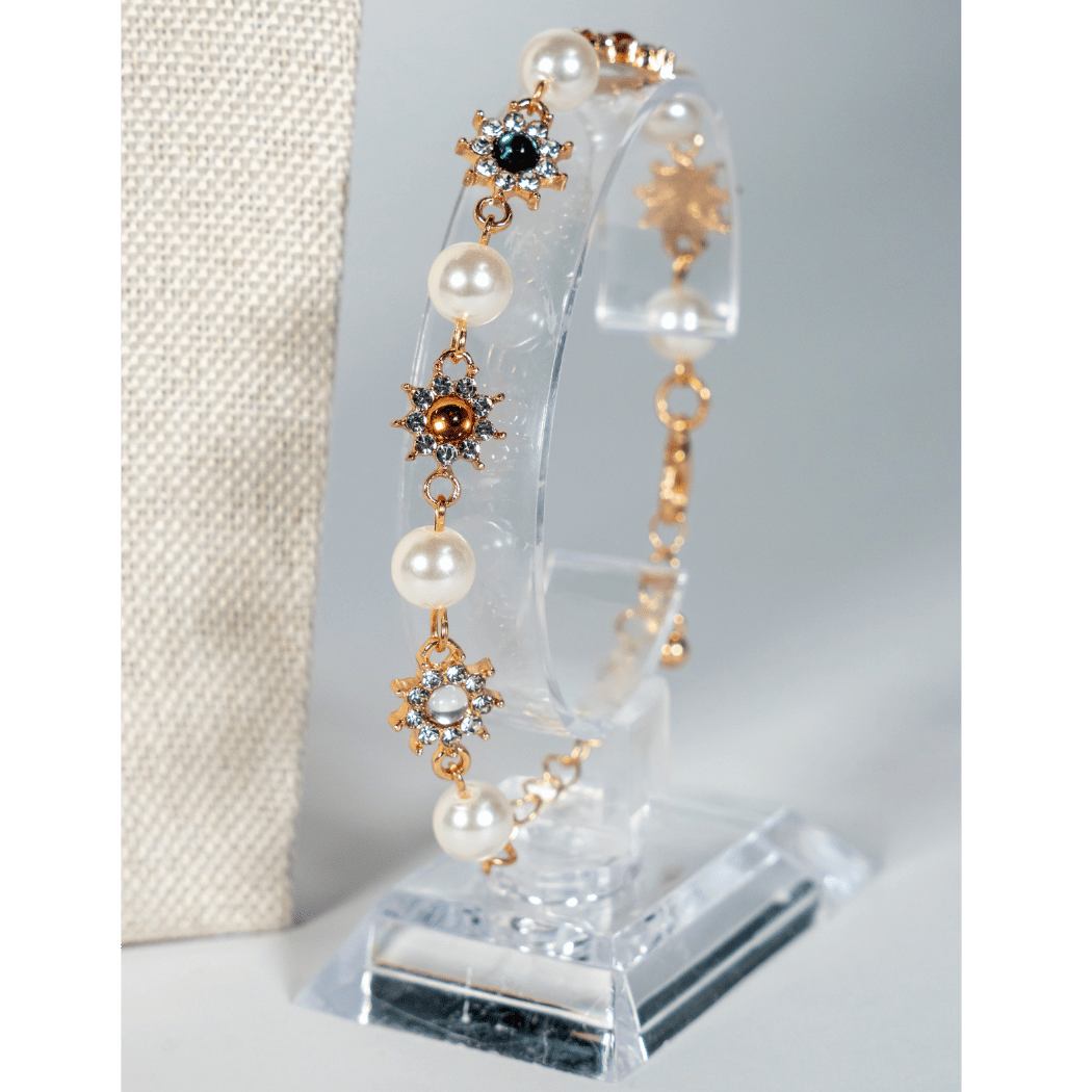 Pearl And Multicolour Gem Bracelet in Golden Tone - La Jolla