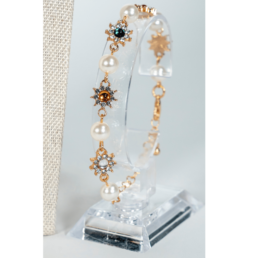 Pearl And Multicolour Gem Bracelet in Golden Tone - La Jolla