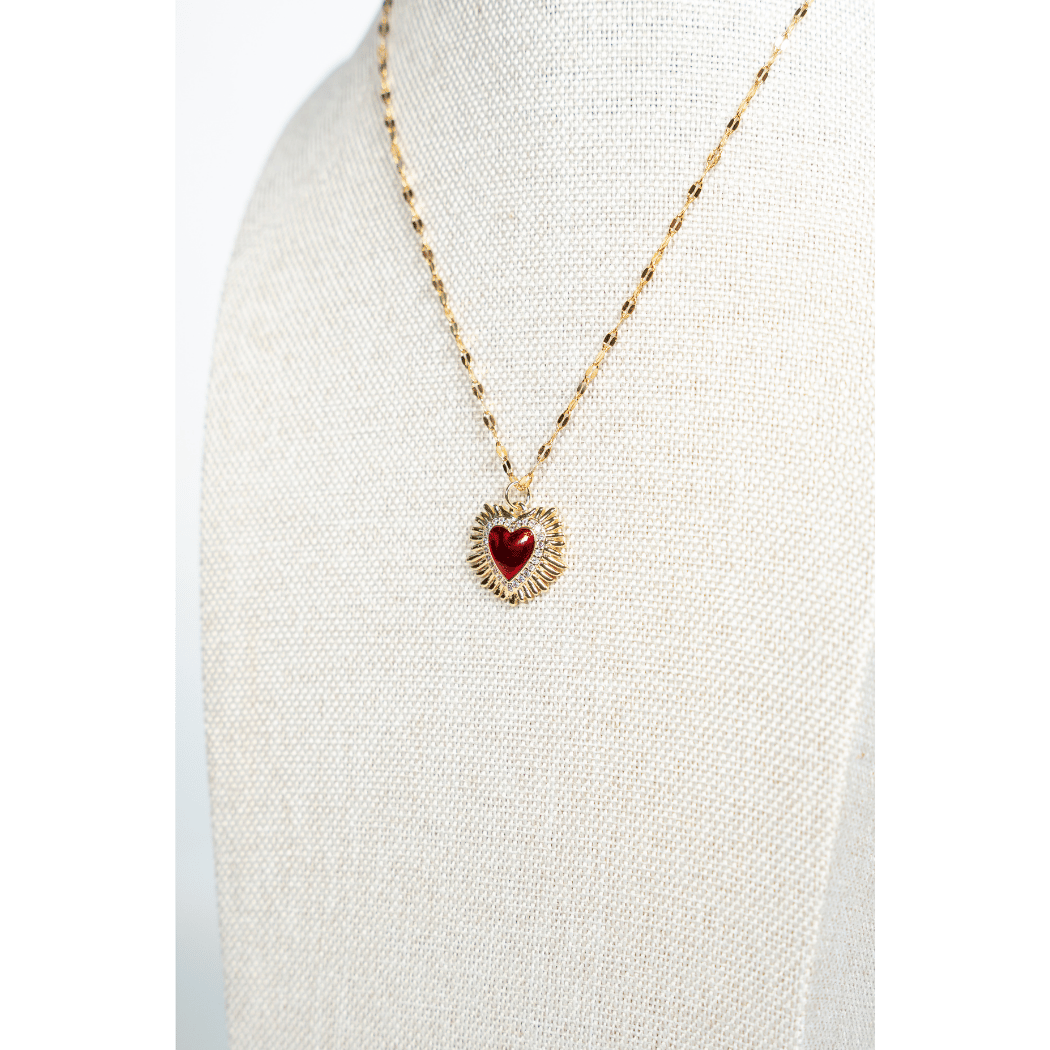 Heart And Rhinestone Pendant Red Gem Necklace - La Jolla