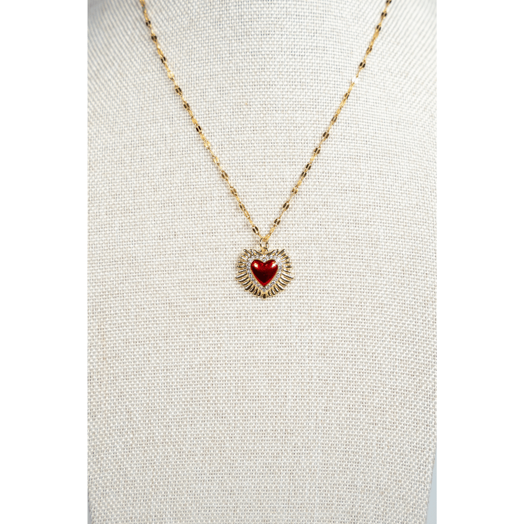 Heart And Rhinestone Pendant Red Gem Necklace - La Jolla