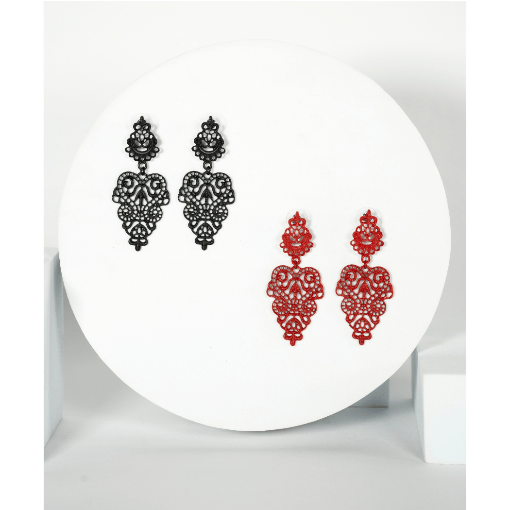 Black & Red Lace Filigree Statement Earrings Set - La Jolla