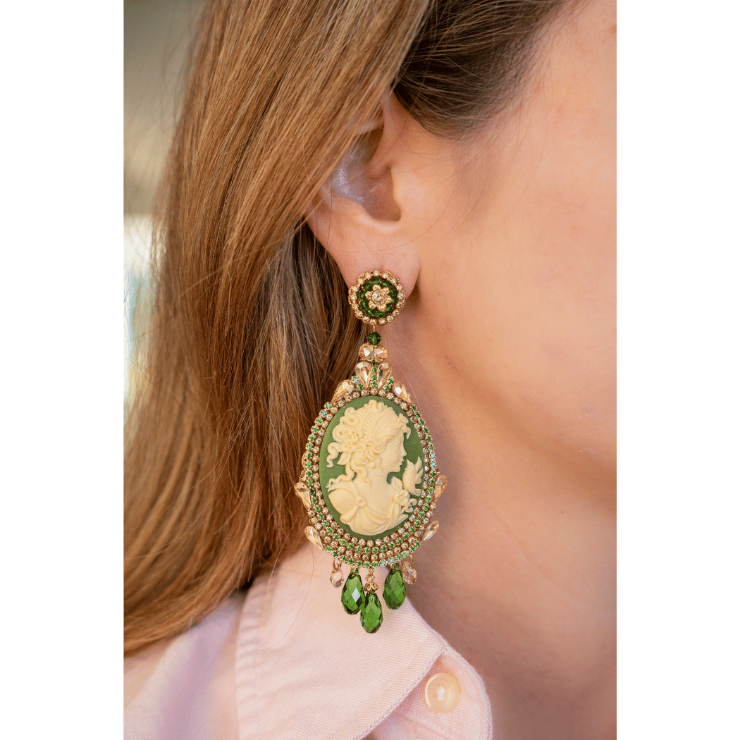 Green Cameo Earrings With Crystals And Rhinestones - La Jolla