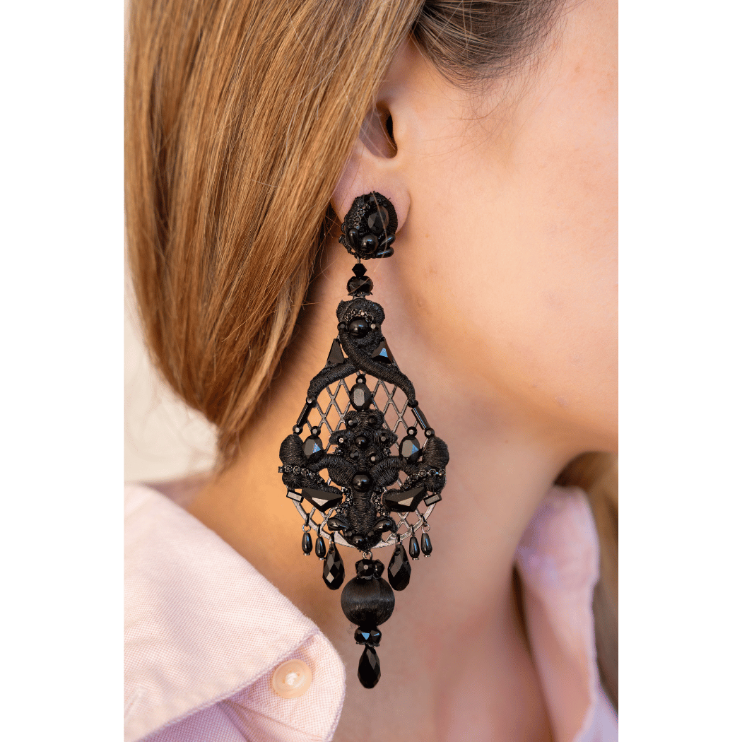 Midnight Embroidered Strass Drop Earrings - La Jolla