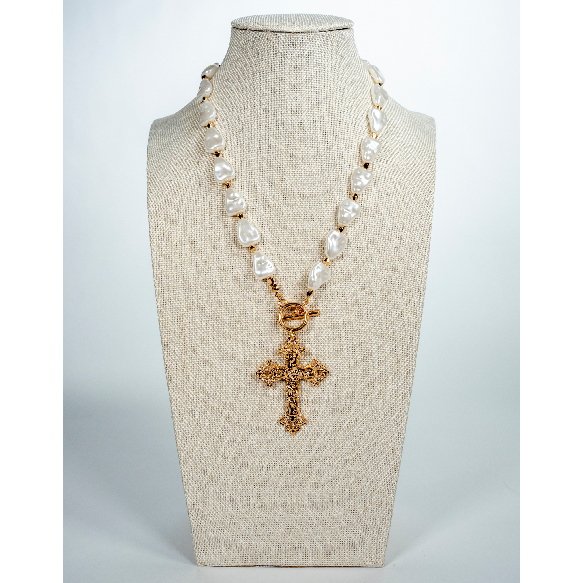 Golden Baroque Inspired Pearl And Cross Necklace - La Jolla