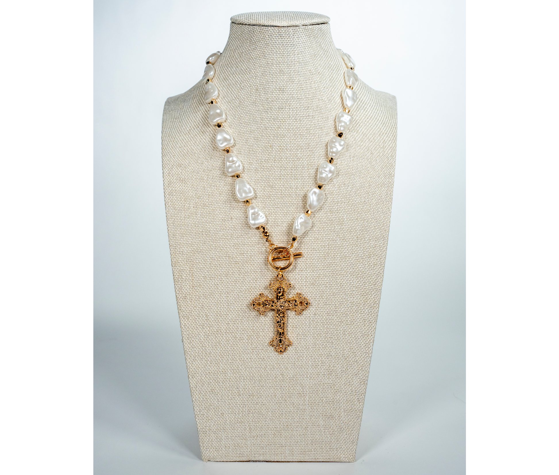 Golden Baroque Inspired Pearl And Cross Necklace - La Jolla