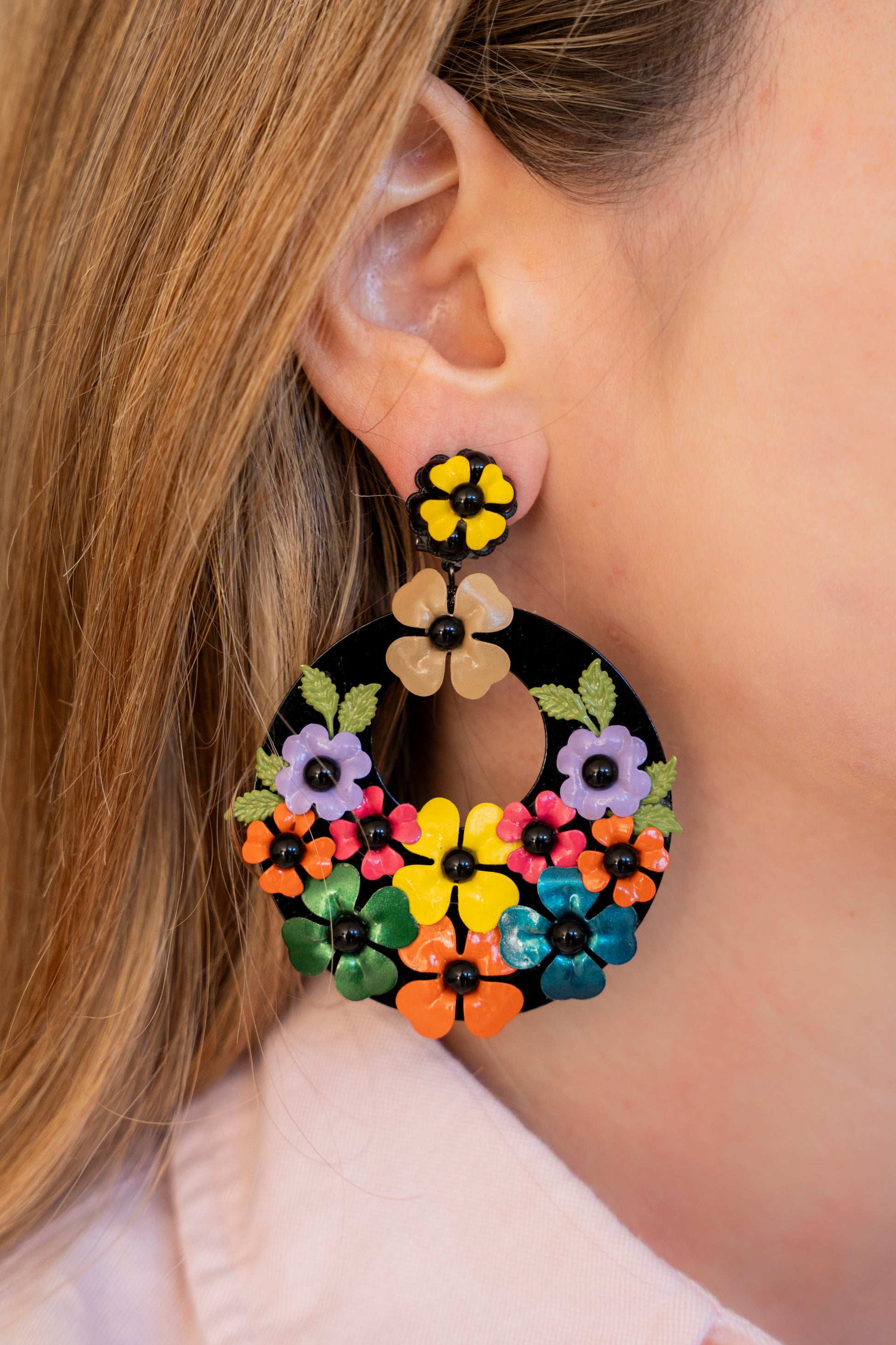 Black Resin Hoops With Multicolour Flowers - La Jolla