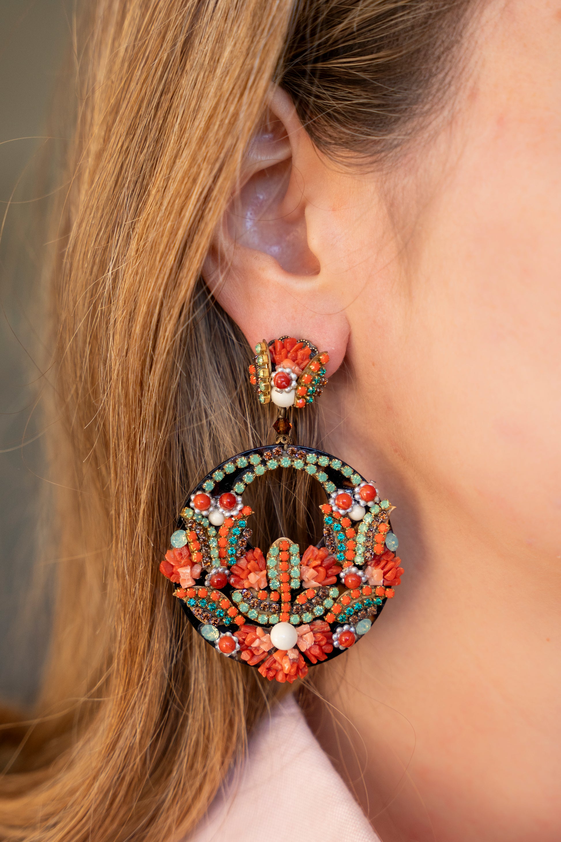 Coral & Garnet Rhinestone Earrings With Topaz And Green Accents - La Jolla