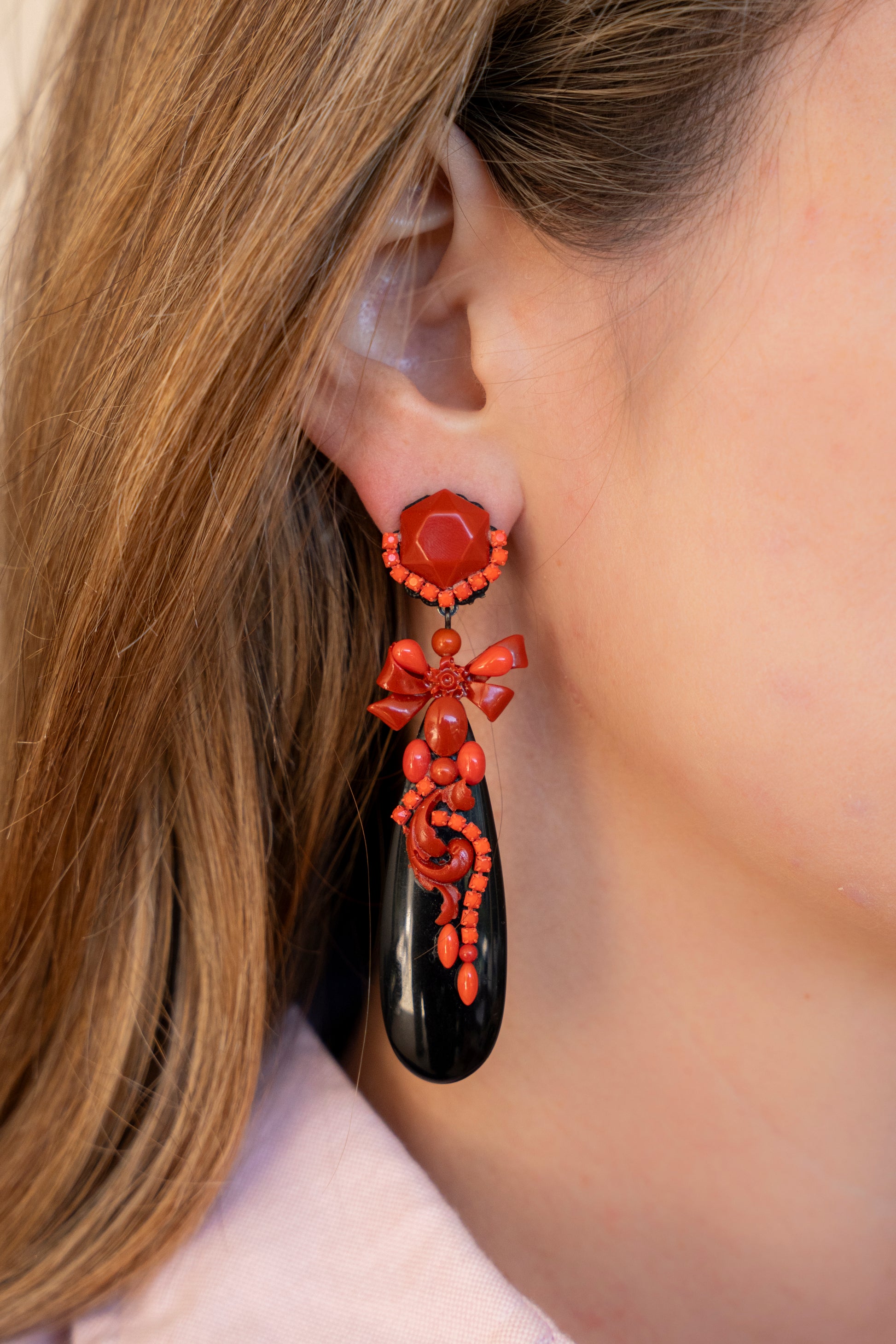 Black And Red Oval Resin Drop Earrings - La Jolla