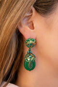 Oval Tear Drop Earrings With Rhinestones And Mother-Of-Pearl in Emerald Green - La Jolla