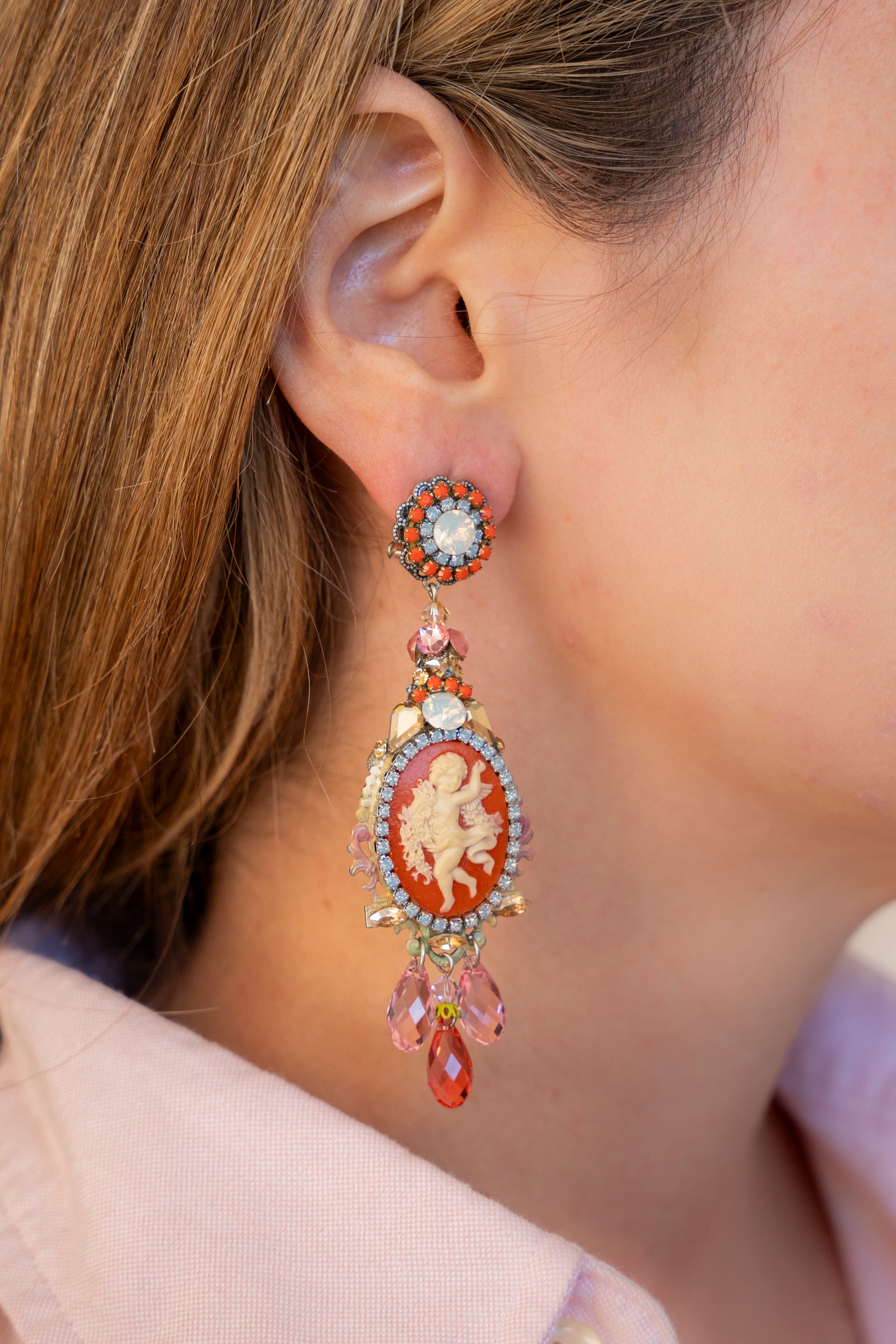 Coral Cameo Earrings With Crystals And Rhinestone Details - La Jolla