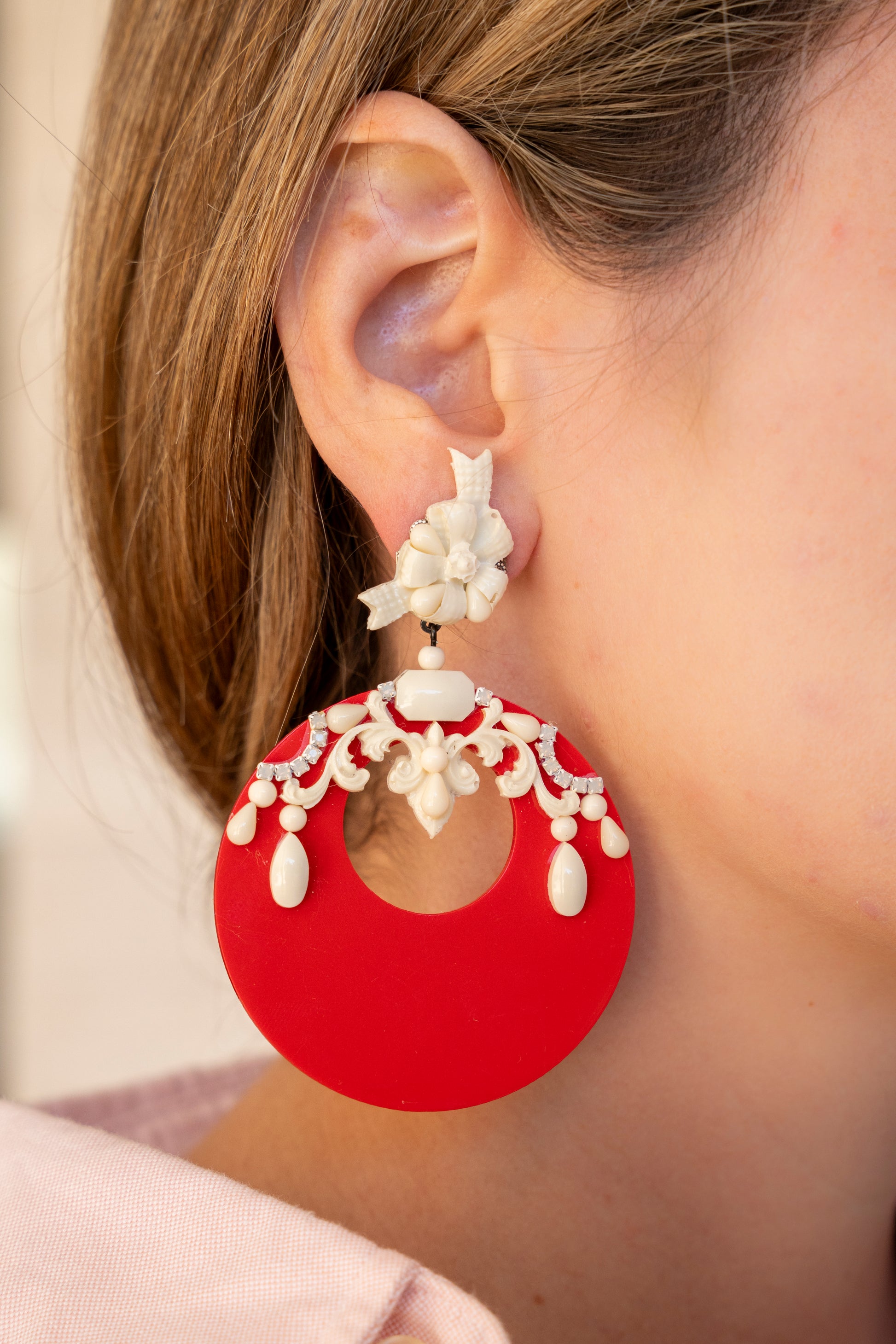 Red Resin Hoop Earrings With Ivory Details - La Jolla