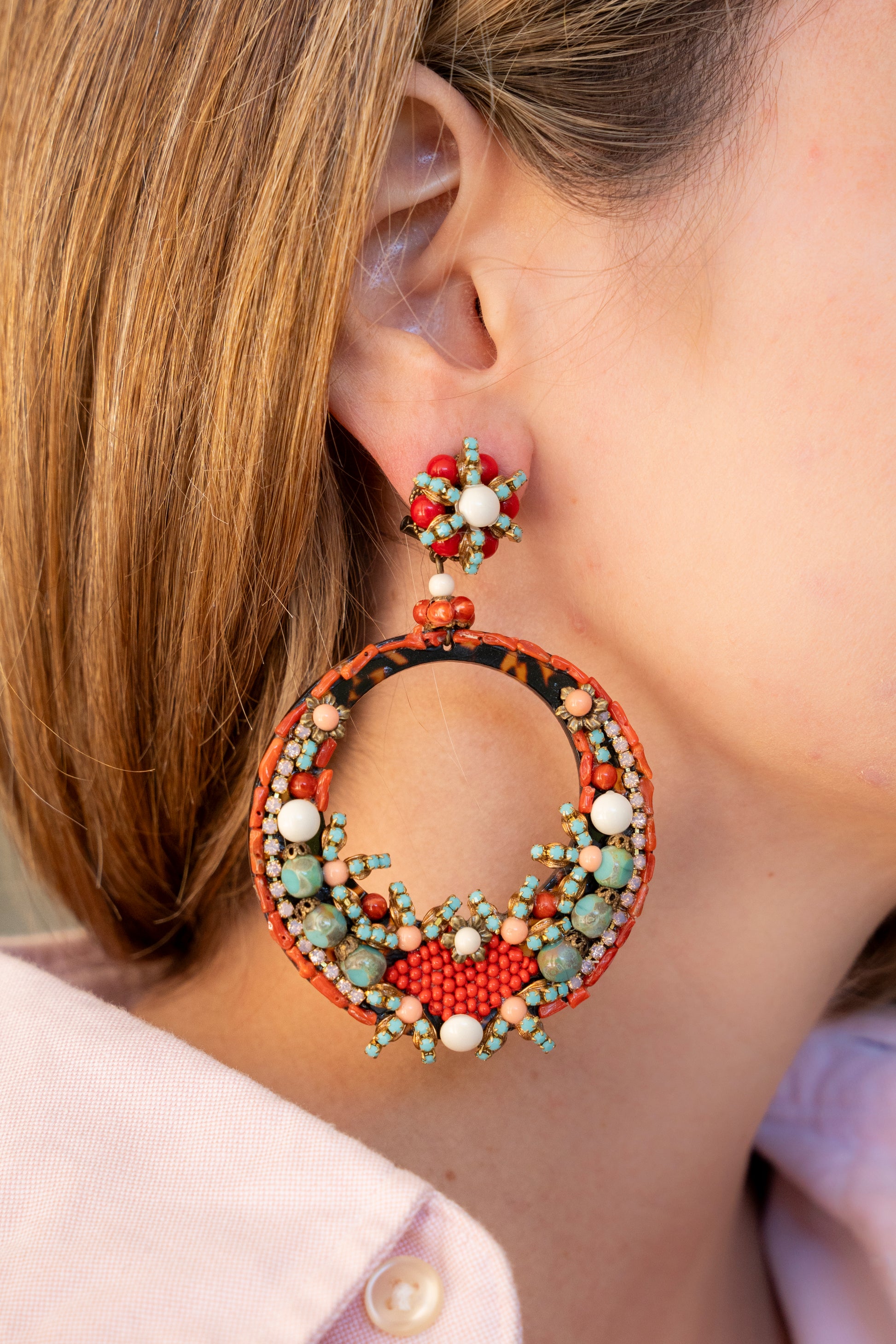 Andalusian Inspired Coral and Turquoise Stone Hoop Earrings - La Jolla