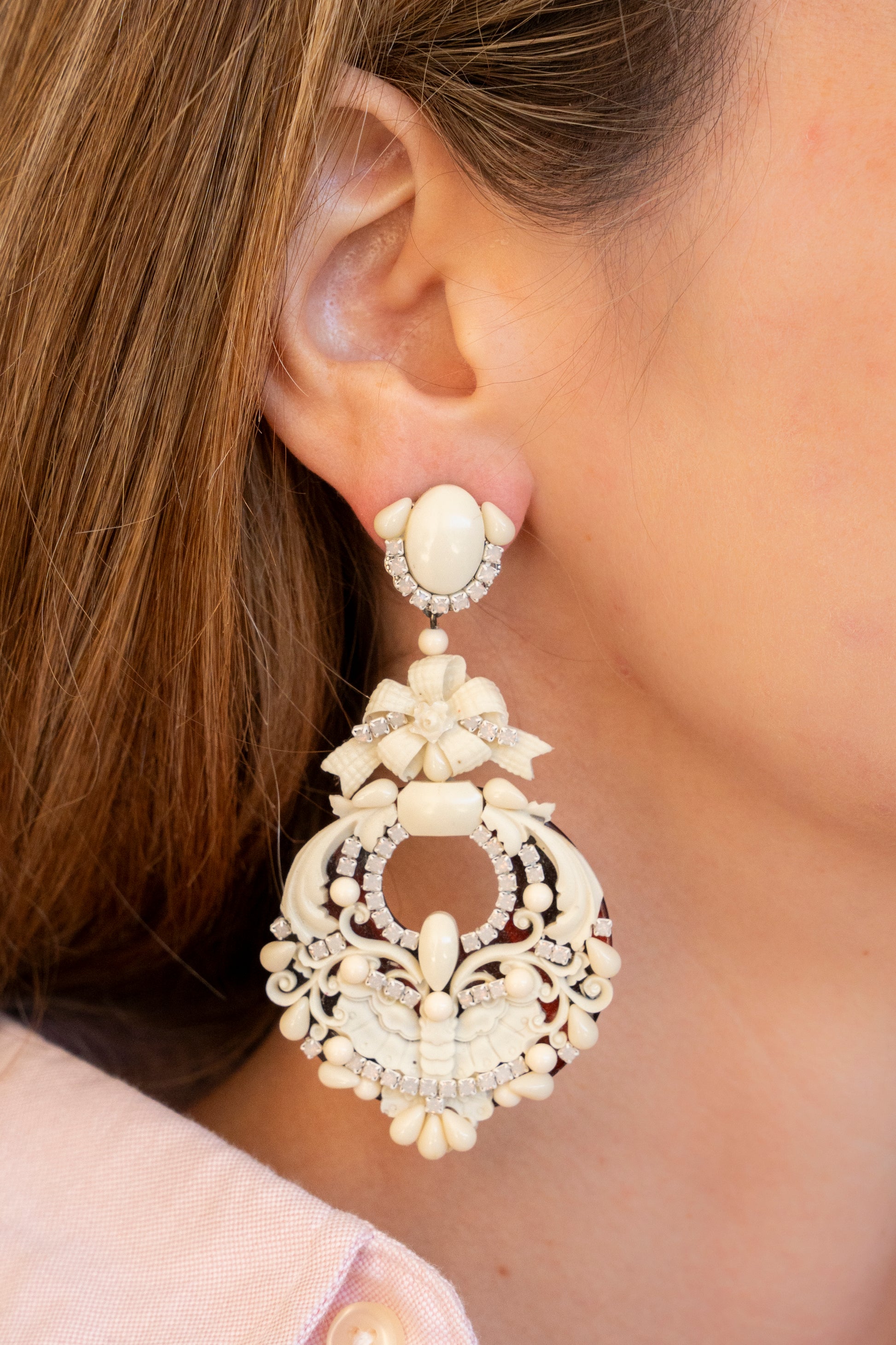 Ivory Resin Chandelier Earrings With Tortoiseshell Base - La Jolla