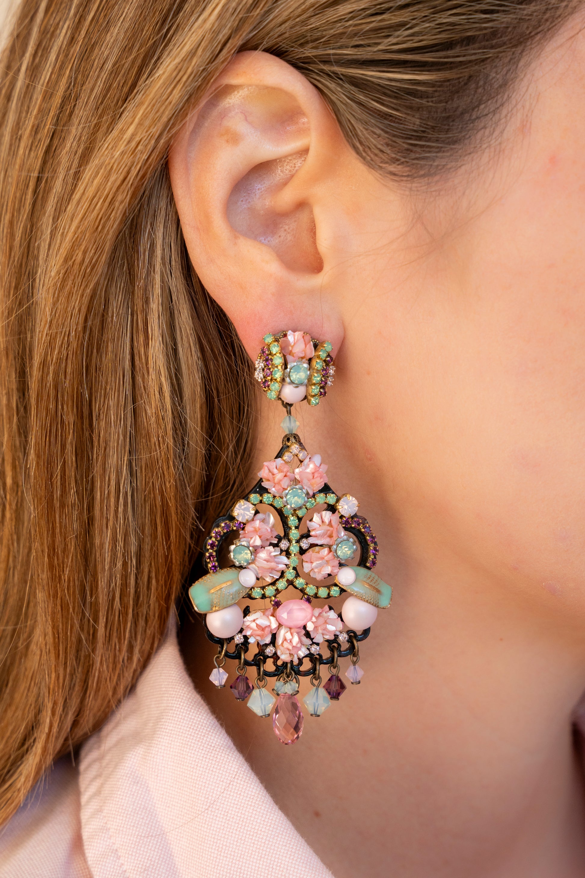 Pink And Turquoise Mother Of Pearl Earrings With Crystals - La Jolla