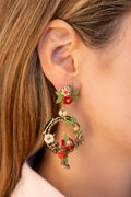 Botanical Flower Hoop Earrings With Rhinestone Details - La Jolla