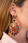 Floral Hoop Earrings With Black And Red Accents - La Jolla