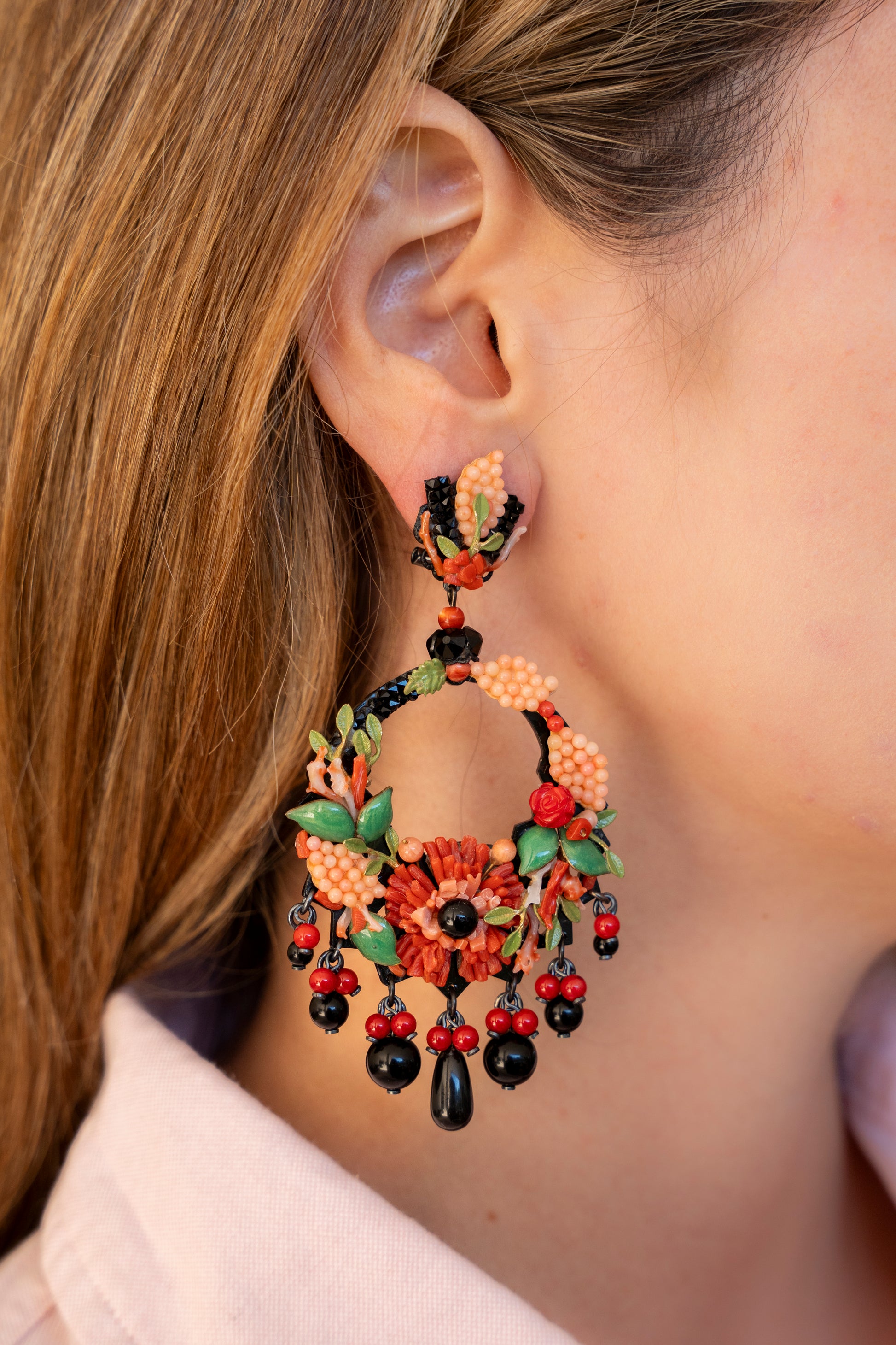 Floral Hoop Earrings With Black And Red Accents - La Jolla