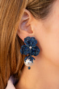 Swarovski Crystal Pearl And Flower Earrings in Navy Blue - La Jolla