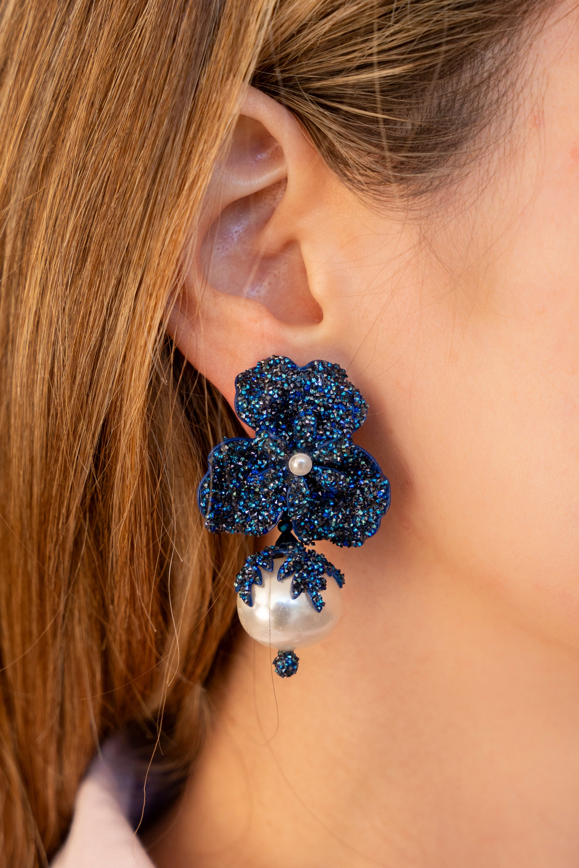 Swarovski Crystal Pearl And Flower Earrings in Navy Blue - La Jolla