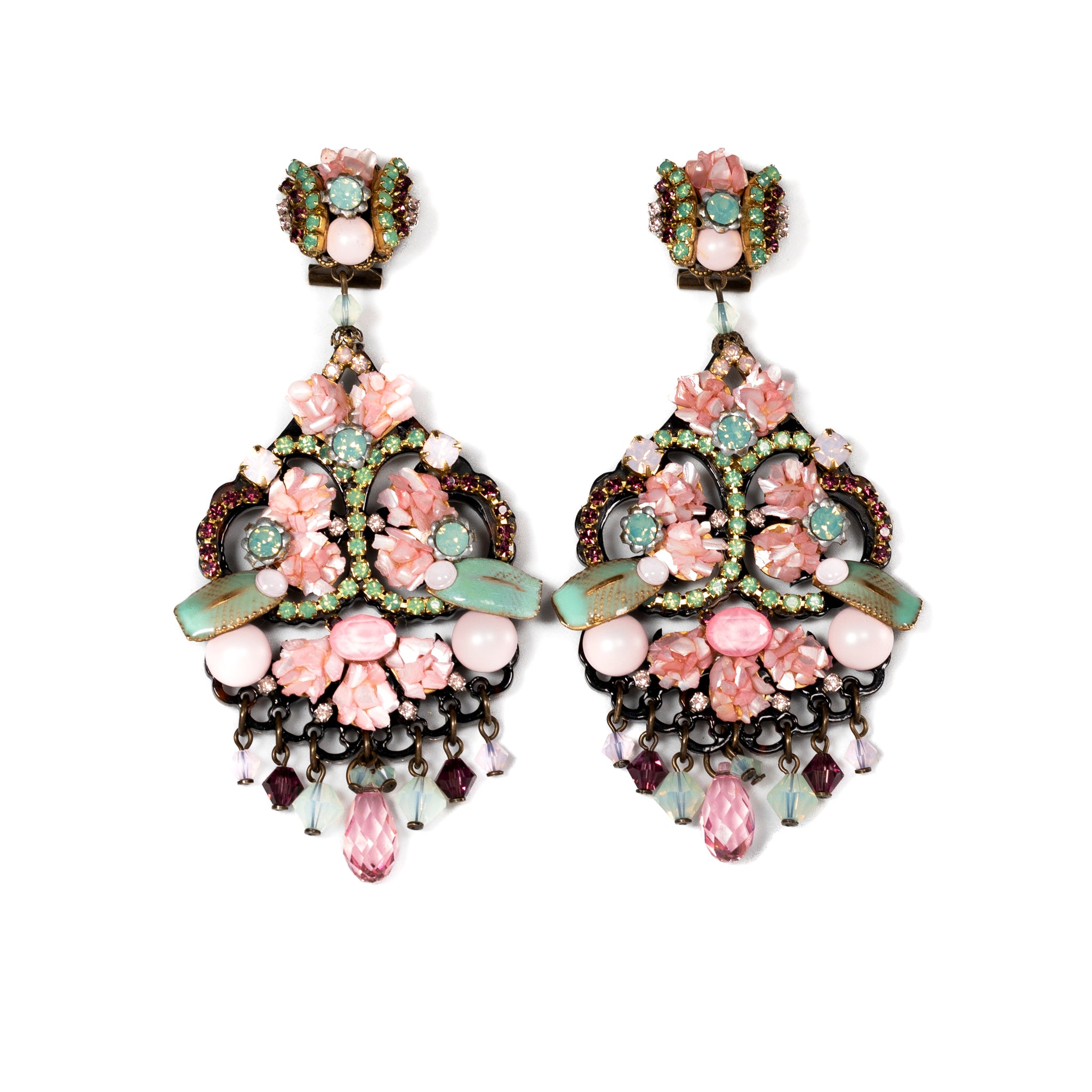Pink And Turquoise Mother Of Pearl Earrings With Crystals - La Jolla