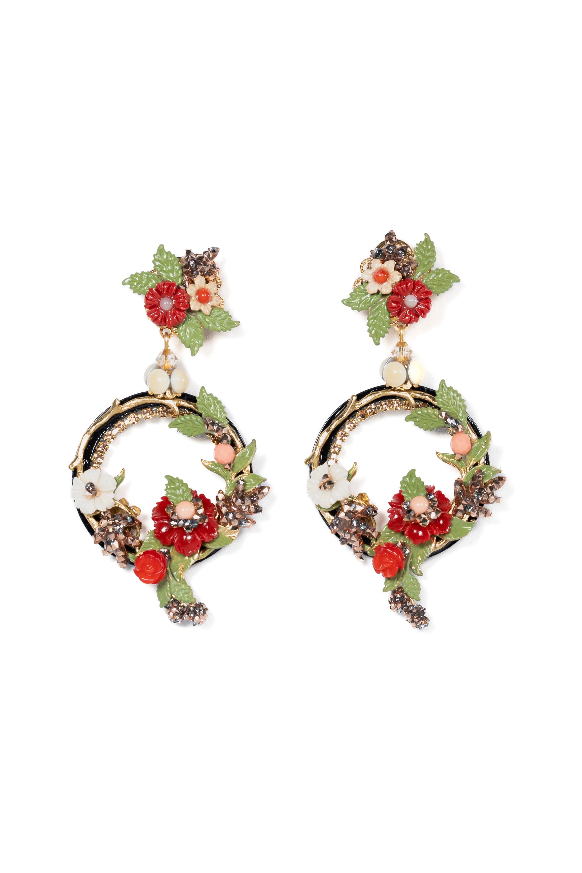 Botanical Flower Hoop Earrings With Rhinestone Details - La Jolla