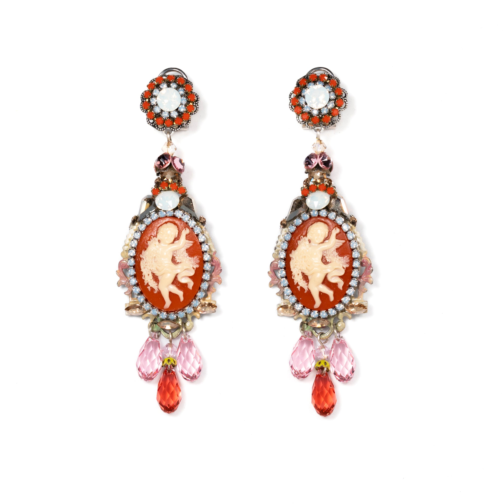 Coral Cameo Earrings With Crystals And Rhinestone Details - La Jolla