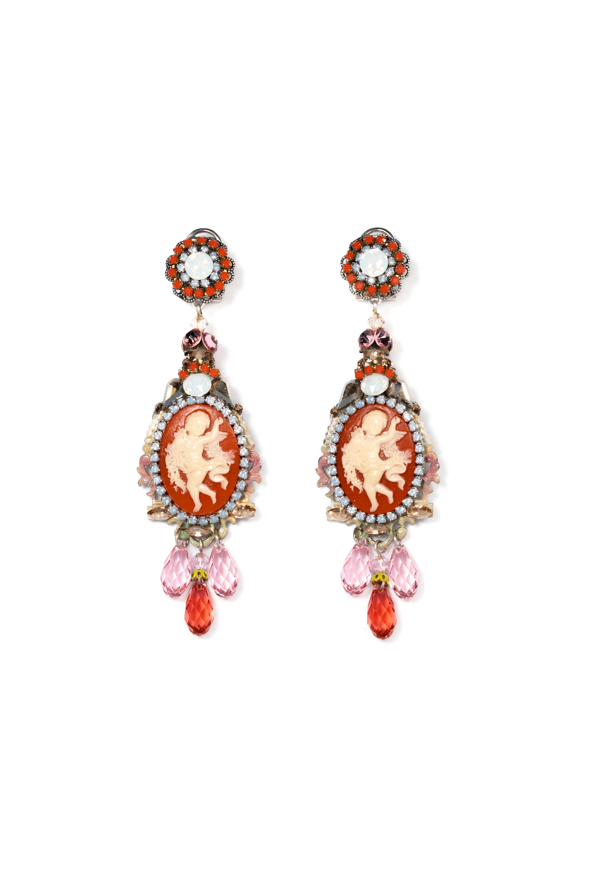 Coral Cameo Earrings With Crystals And Rhinestone Details - La Jolla