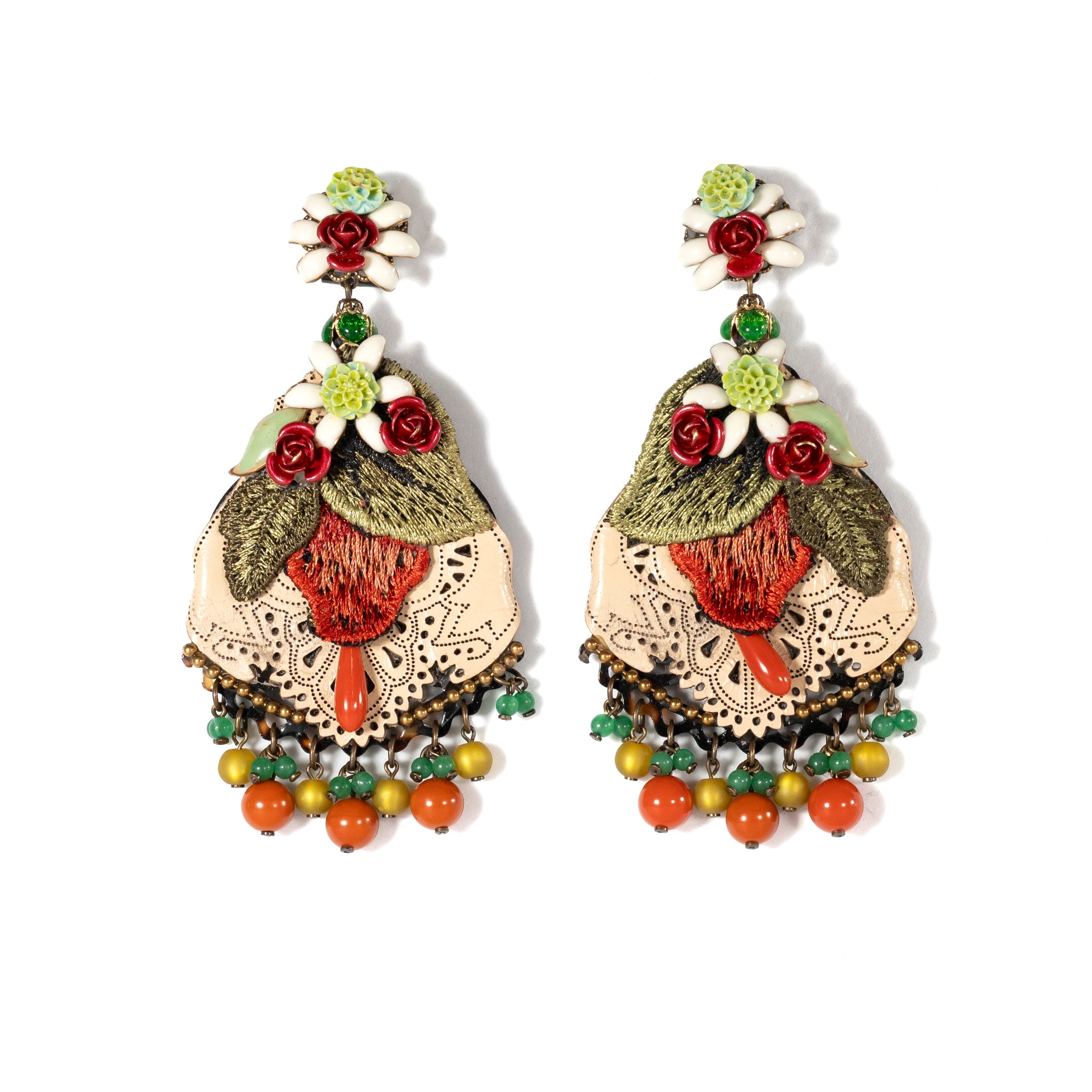 Embroidered Leather Floral Drop Earrings - La Jolla