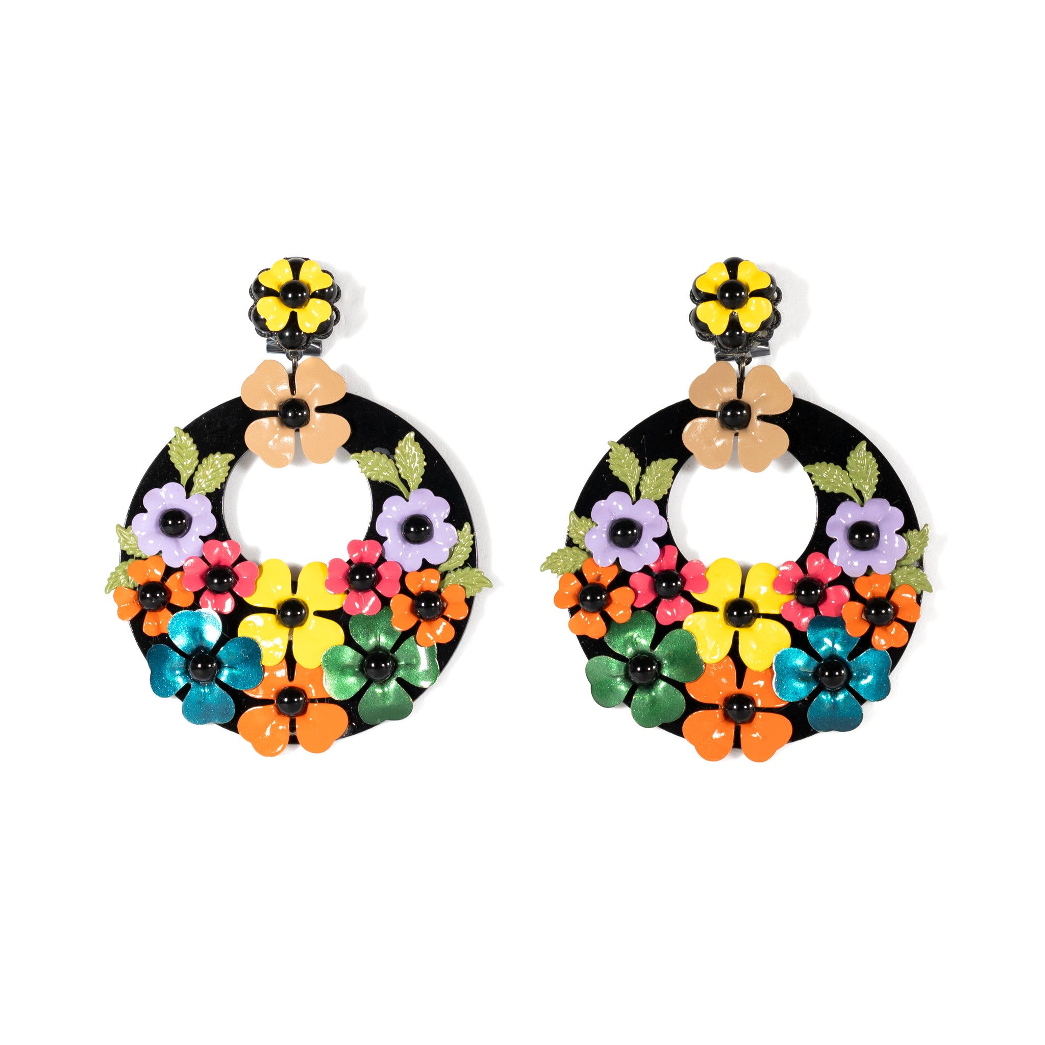 Black Resin Hoops With Multicolour Flowers - La Jolla