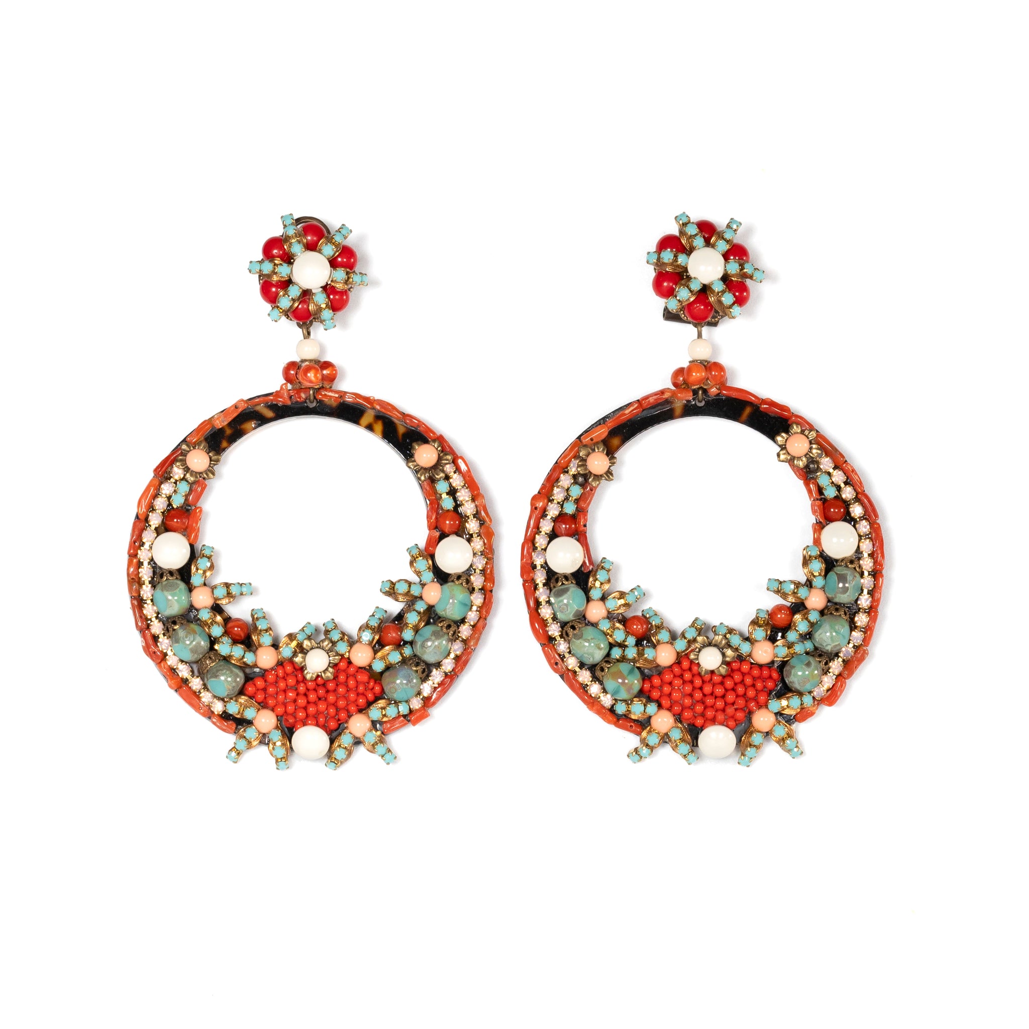 Andalusian Inspired Coral and Turquoise Stone Hoop Earrings - La Jolla