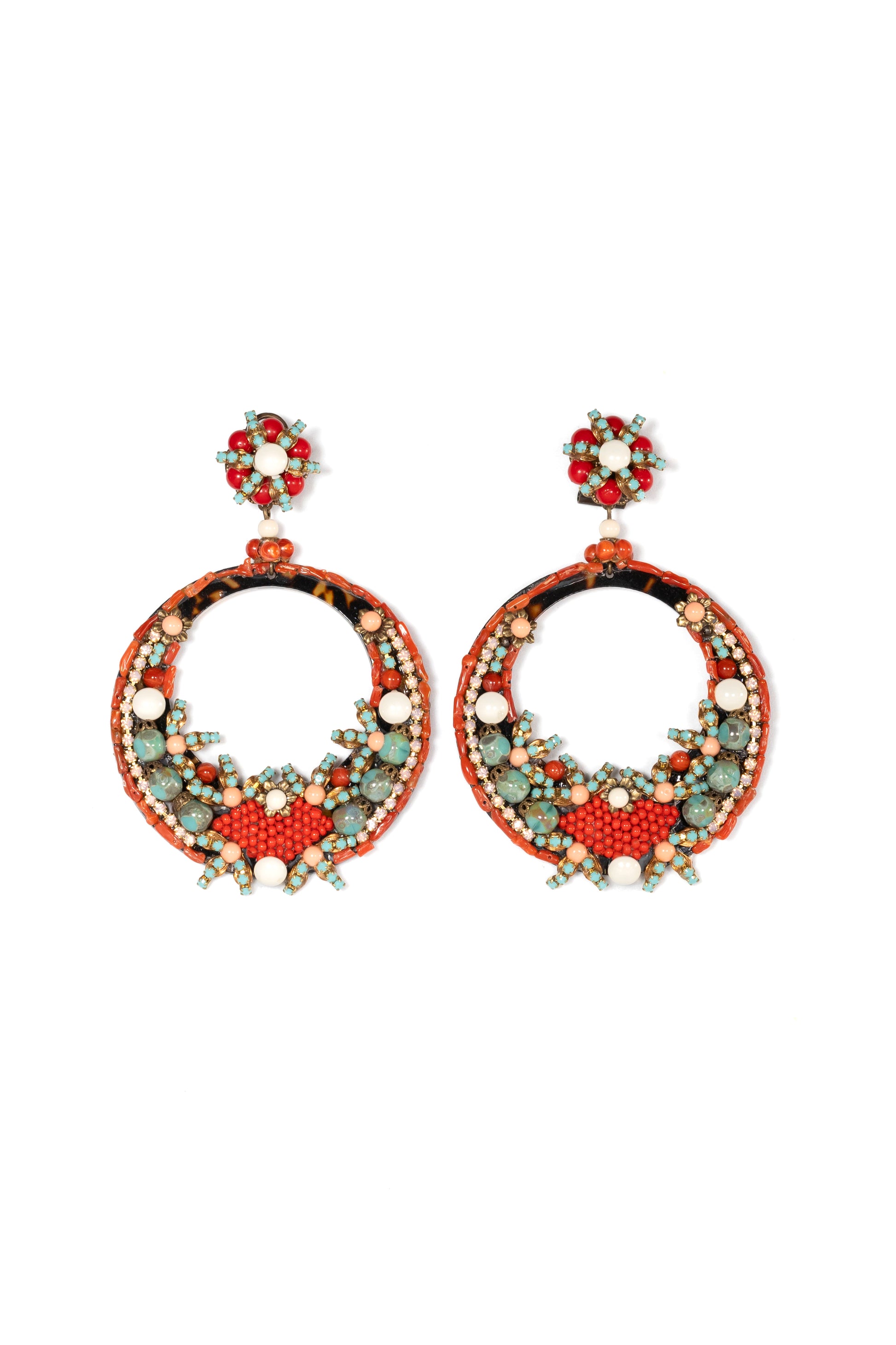 Andalusian Inspired Coral and Turquoise Stone Hoop Earrings - La Jolla