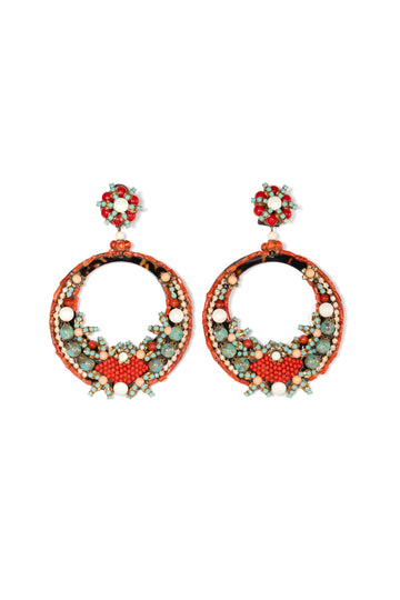 Andalusian Inspired Coral and Turquoise Stone Hoop Earrings - La Jolla
