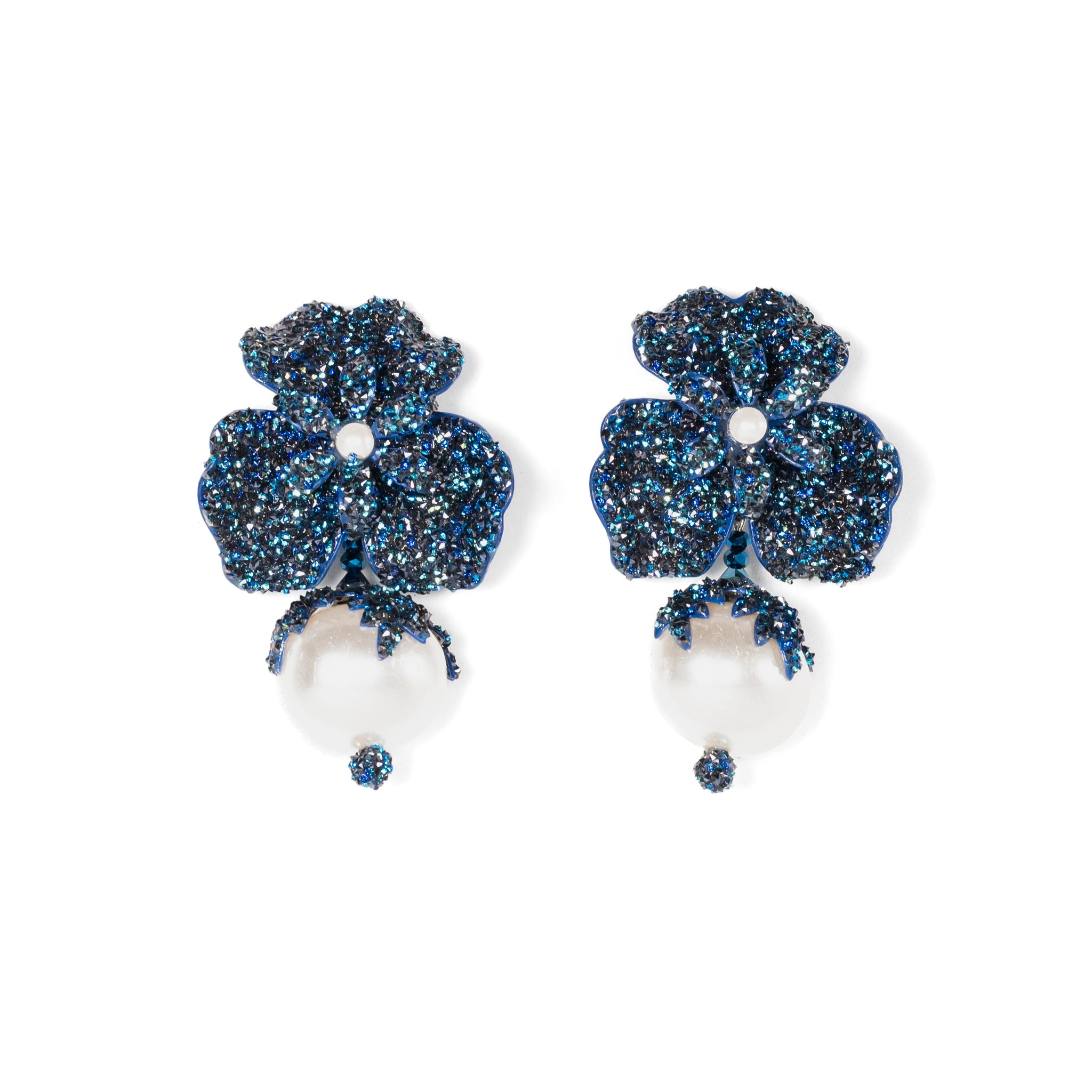Swarovski Crystal Pearl And Flower Earrings in Navy Blue - La Jolla