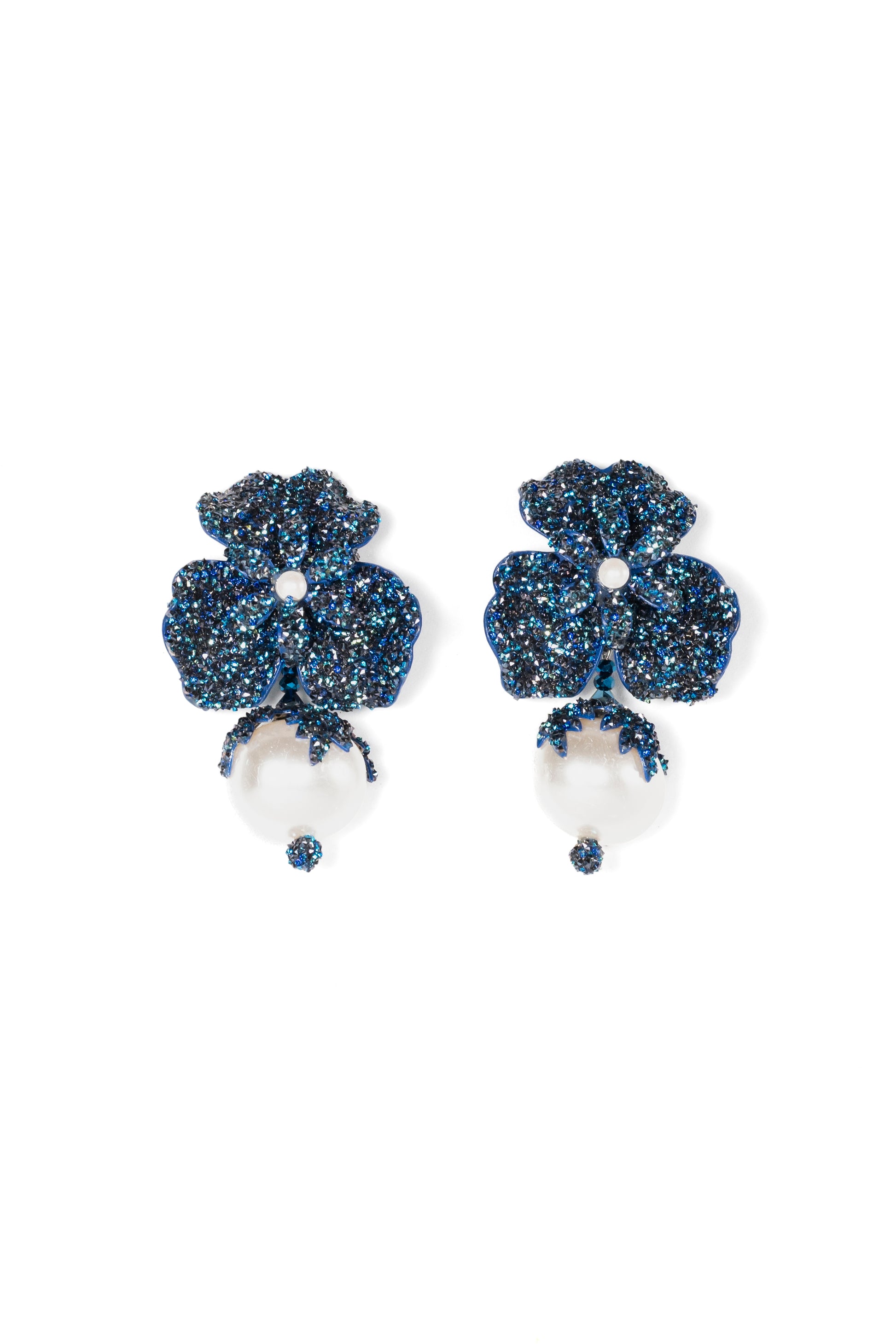 Swarovski Crystal Pearl And Flower Earrings in Navy Blue - La Jolla