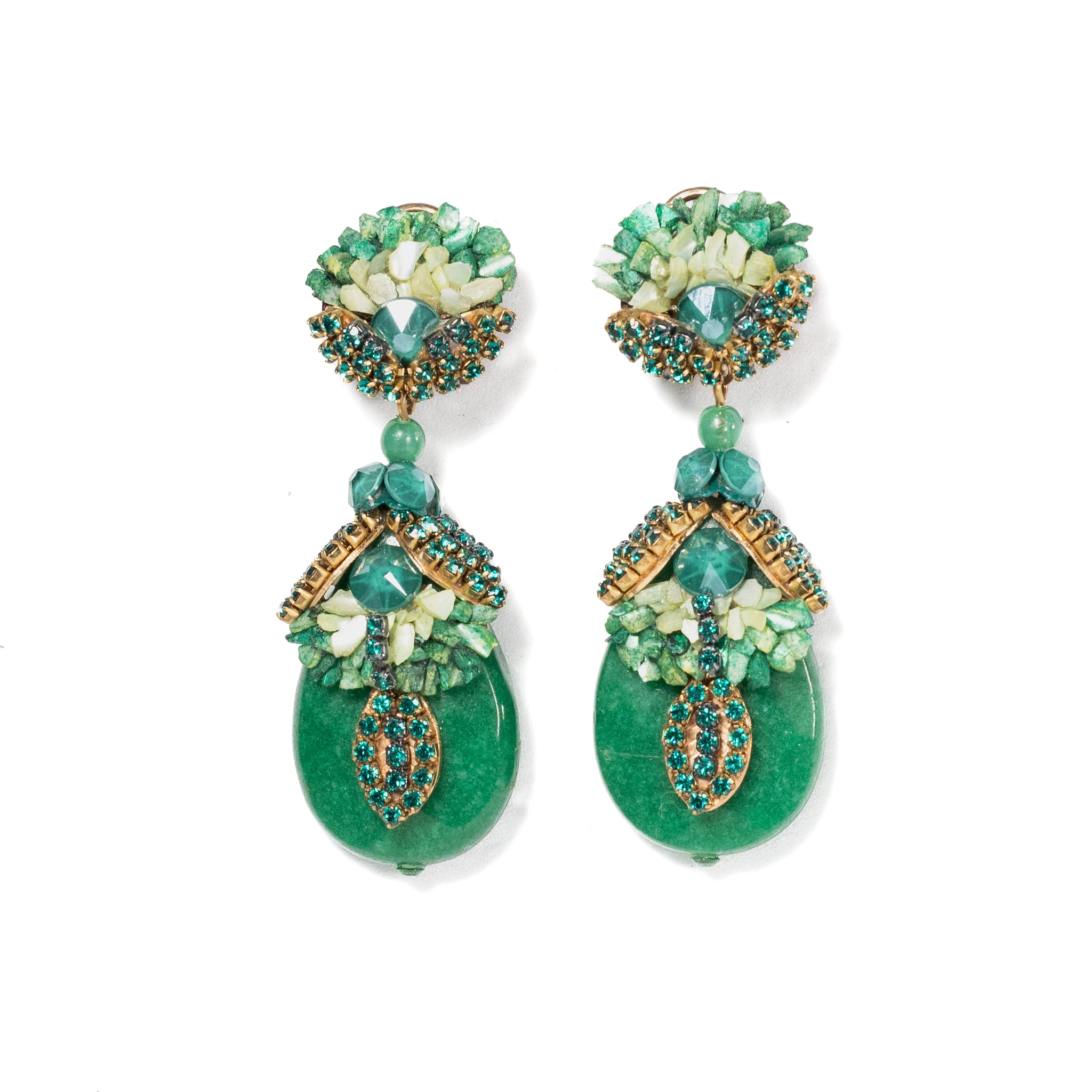 Oval Tear Drop Earrings With Rhinestones And Mother-Of-Pearl in Emerald Green - La Jolla