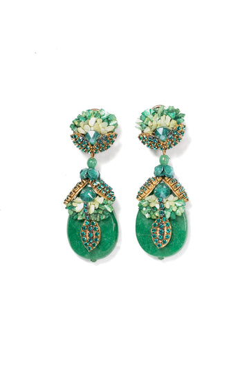 Oval Tear Drop Earrings With Rhinestones And Mother-Of-Pearl in Emerald Green - La Jolla